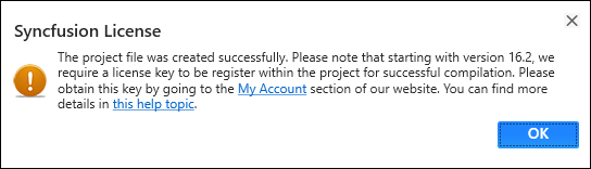 Syncfusion license registration required information dialog in Syncfusion WinForms project