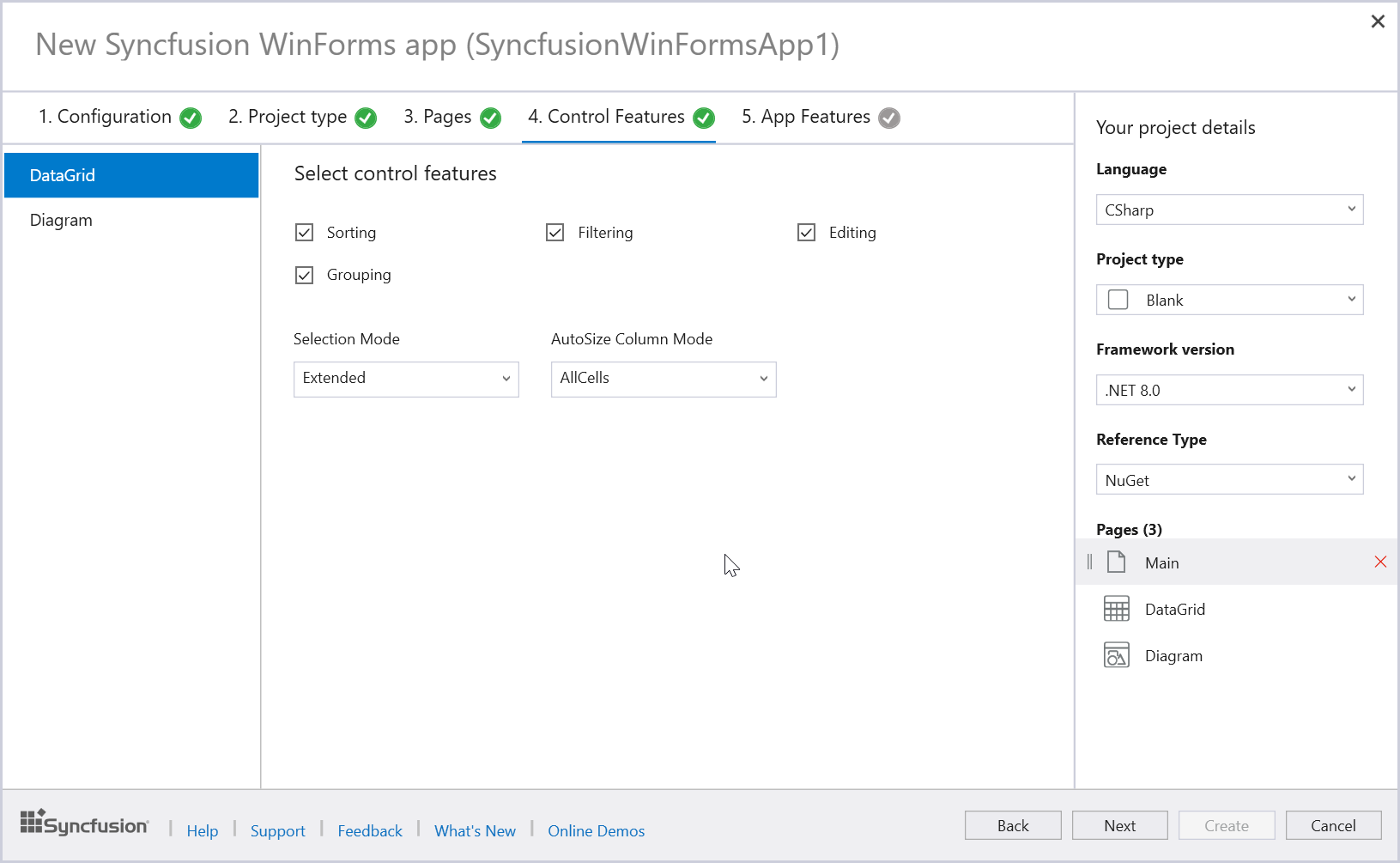 Syncfusion WinForms control features selection wizard