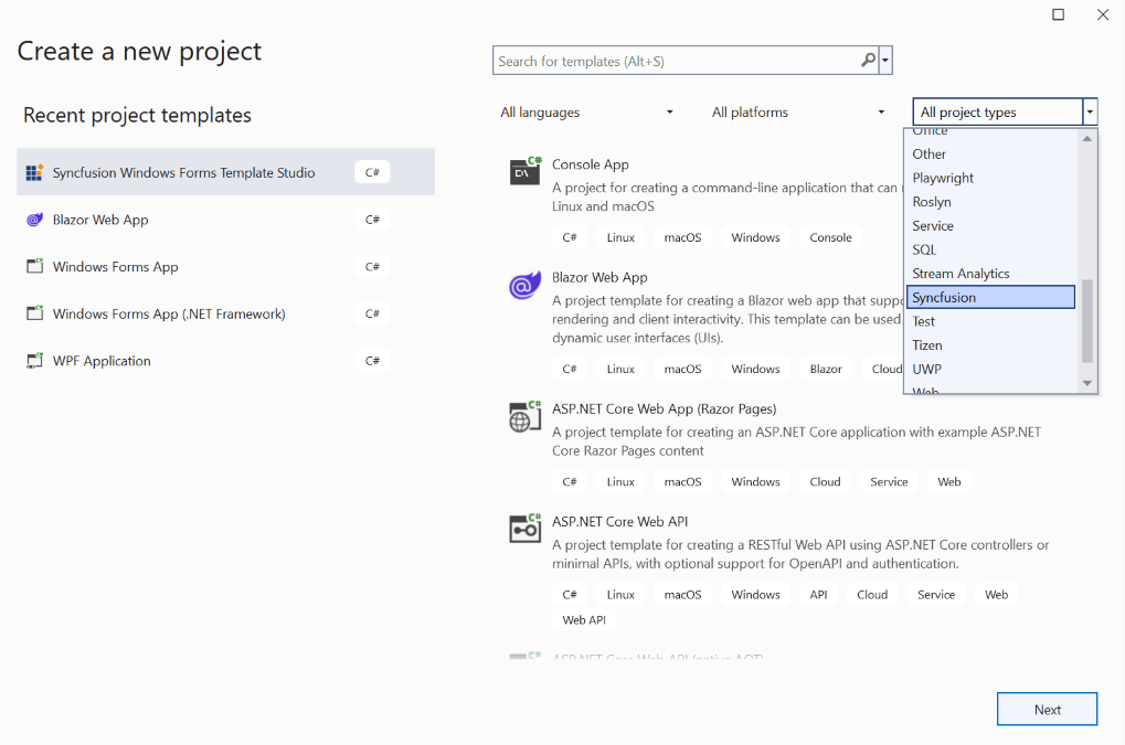 Choose Syncfusion WinForms Application from Visual Studio new project dialog