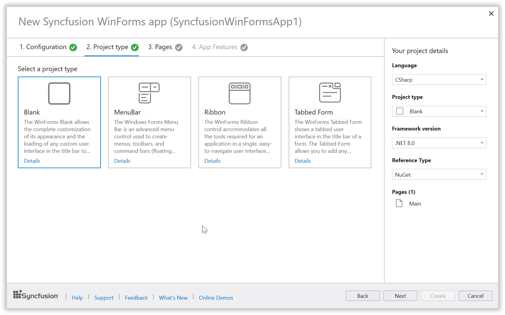 Syncfusion WinForms project type selection wizard