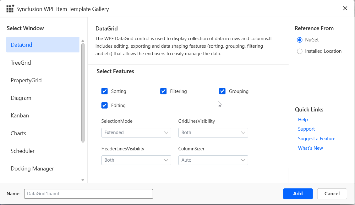 Syncfusion<sup style="font-size:70%">®</sup> WPF Item template Components