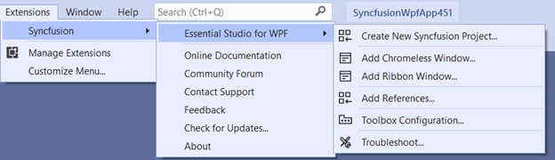 Syncfusion Menu when Selected Synfusion WPF application in Visual Studio