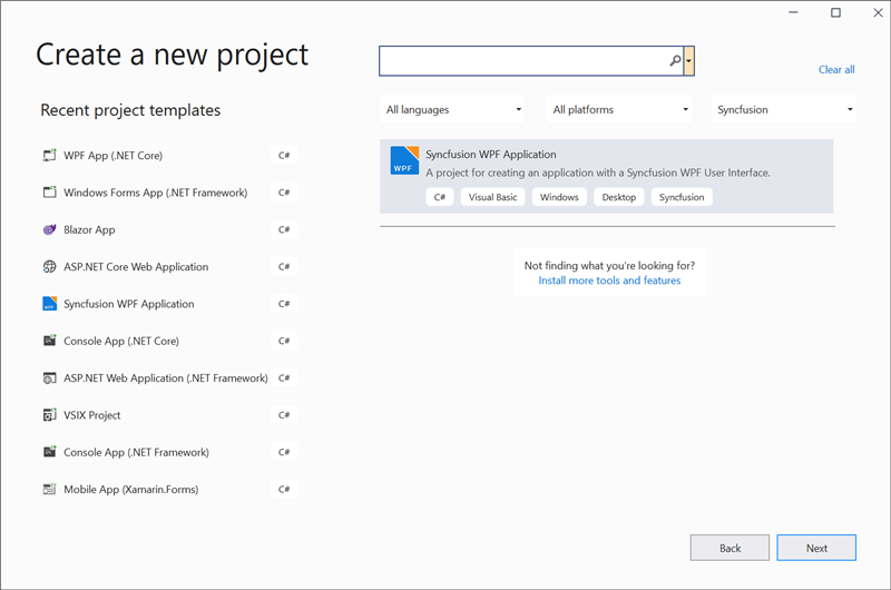 Choose Syncfusion WPF Application from Visual Studio new project dialog