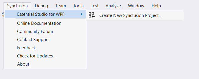 Choose Syncfusion WPF Application from Visual Studio new project dialog via Syncfusion menu