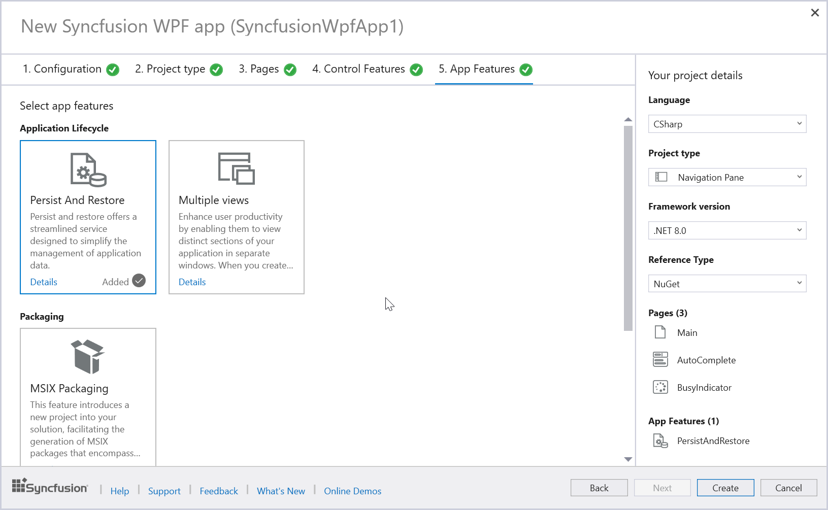 Syncfusion WPF app features selection wizard