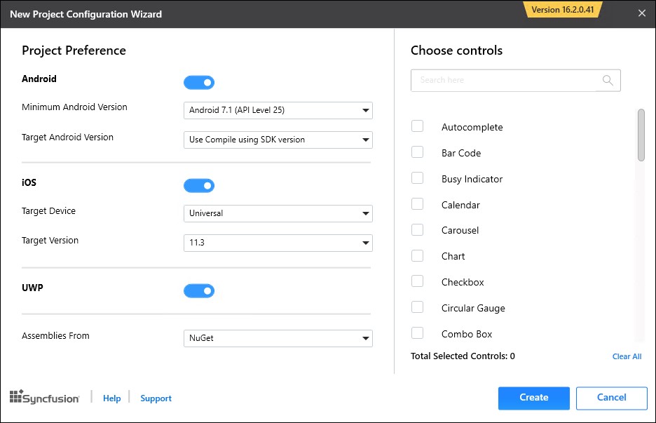 Syncfusion Xamarin project configuaration wizard