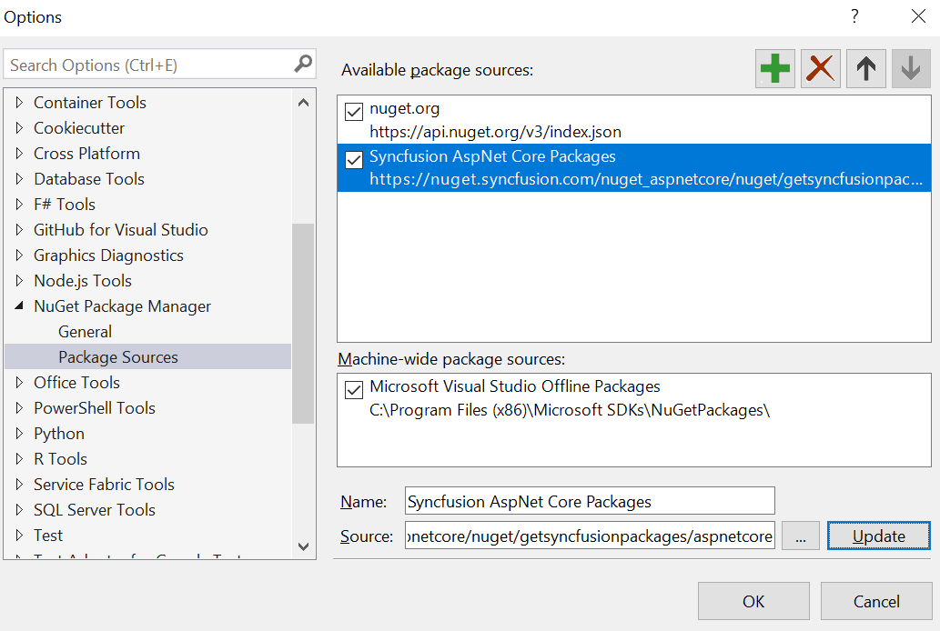 NuGet Package Manager dialog with Syncfusion Essential JS 1 NuGet feed URL for reference