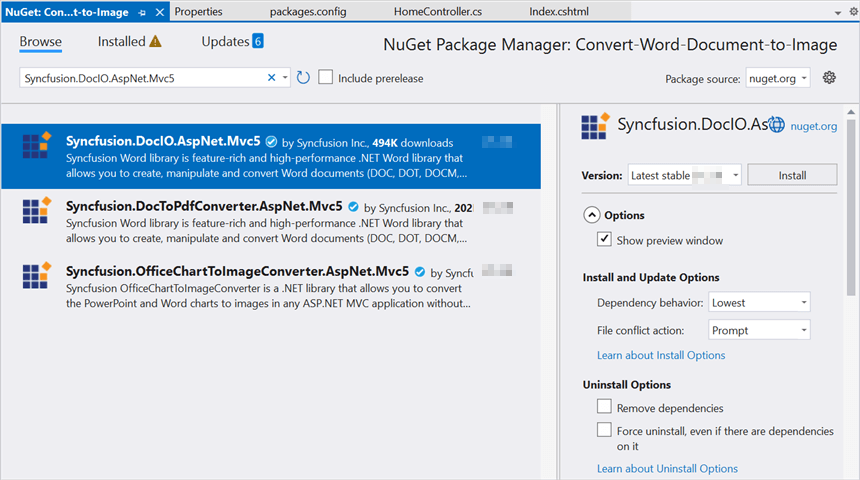 Install Syncfusion.DocIO.AspNet.Mvc5 NuGet package