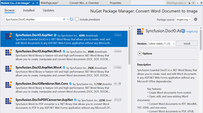 Install Syncfusion.DocIO.AspNet NuGet package