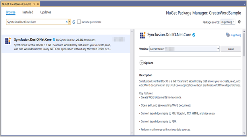 Install DocIO.NET Core NuGet Package