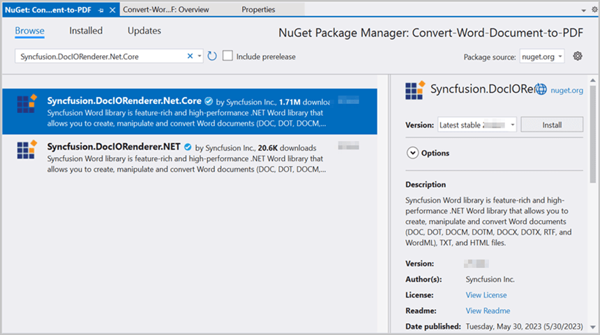 Install Syncfusion.DocIORenderer.Net.Core NuGet Package