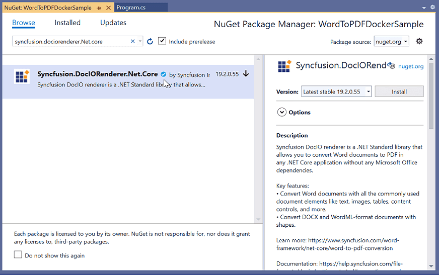 Install DocIORenderer NuGet package
