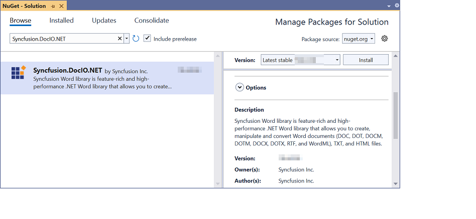 Install the DocIO .NET NuGet package