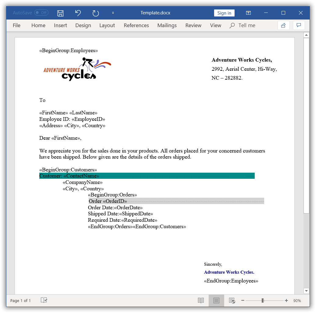Word document template for nested groups