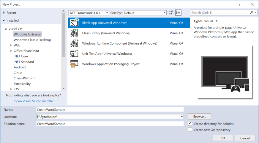 Create UWP application in Visual Studio