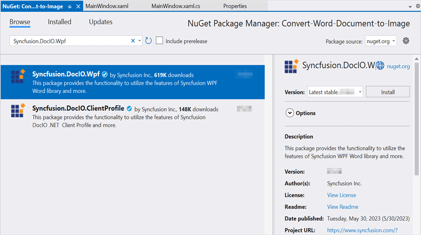 Install Syncfusion.DocIO.Wpf NuGet package