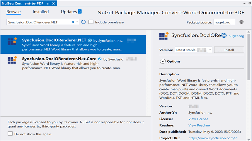 Install Syncfusion.DocIORenderer.NET NuGet package