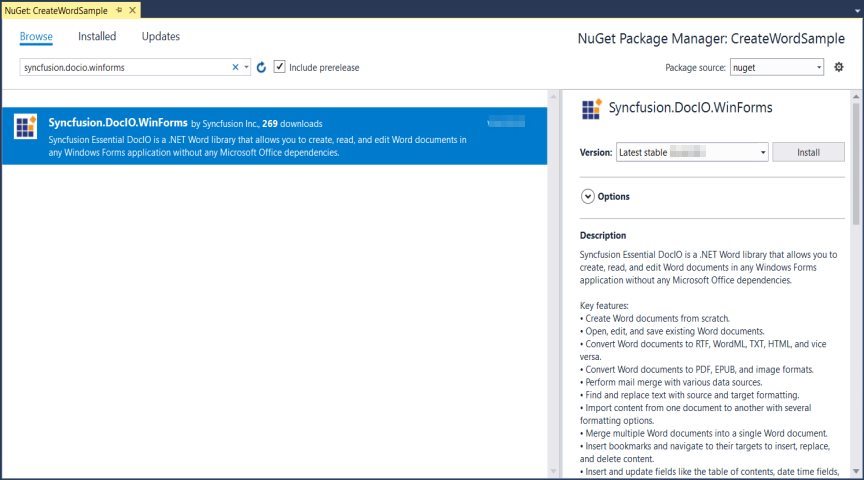 Install DocIO Windows Forms NuGet package