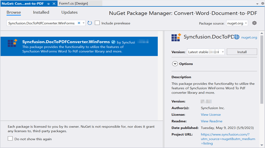 Install Syncfusion.DocToPdfConverter.WinForms NuGet package