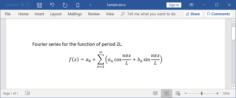 Mathematical equation in Microsoft Word document