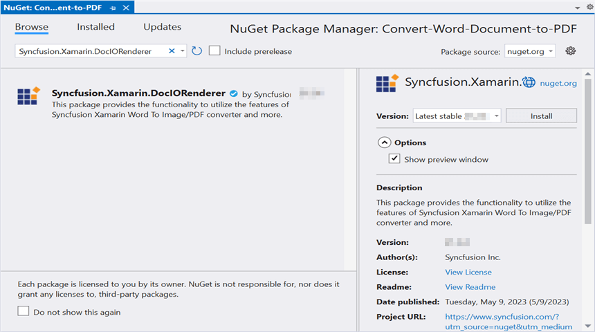 Install Syncfusion.Xamarin.DocIORenderer NuGet package