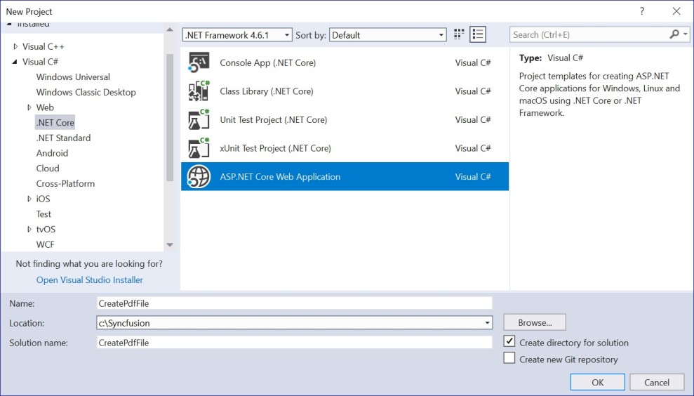 Generate ASP.NET Core project using Visual Studio