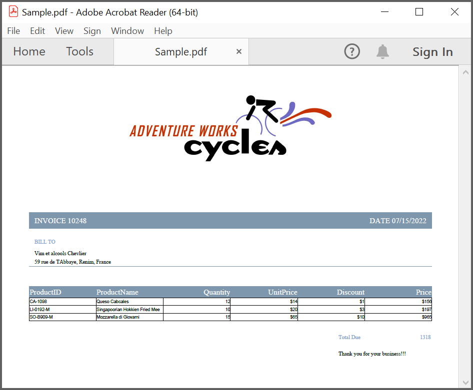 Invoice PDF document screenshot
