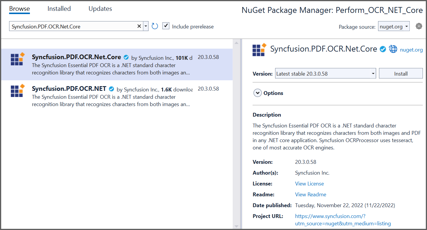 Installation of .NET Core NuGet package