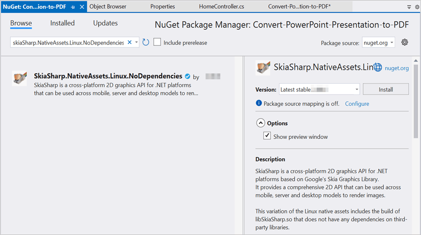 Install SkiaSharp.NativeAssets.Linux.NoDependencies v2.88.6 NuGet Paackage