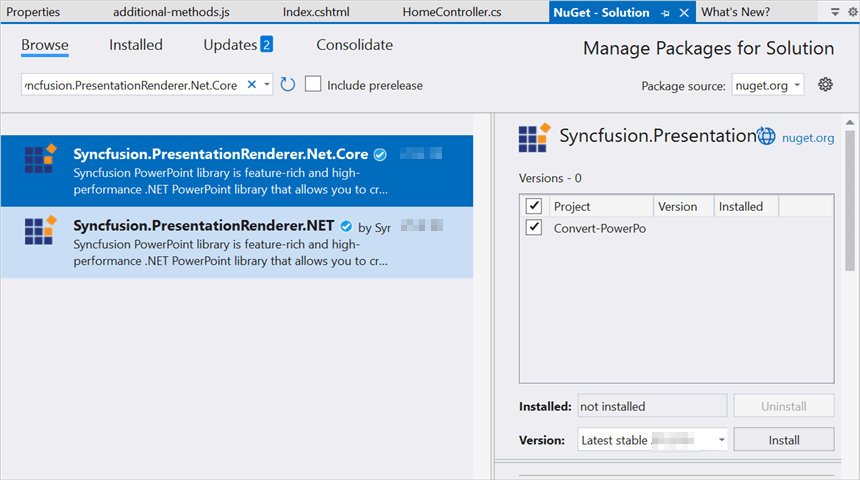 Install Syncfusion.PresentationRenderer.Net.Core NuGet Paackage