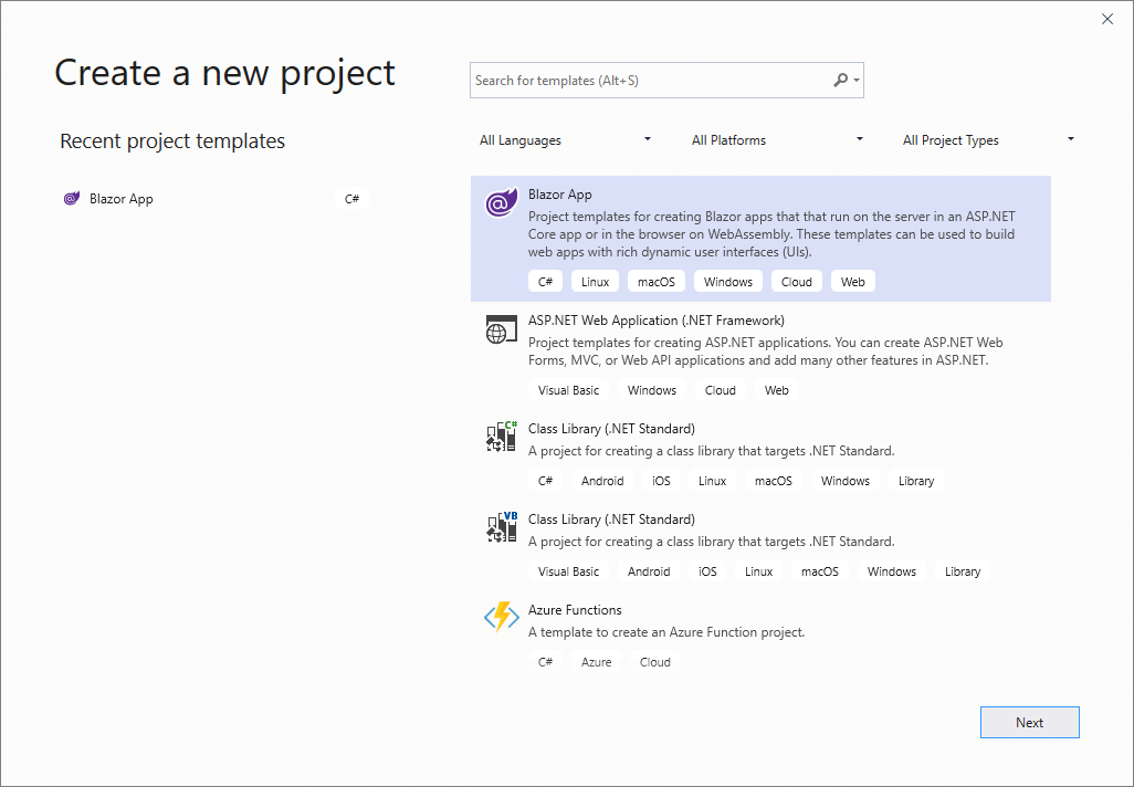 Create ASP.NET Core Web application in Visual Studio for Blazor PowerPoint document 