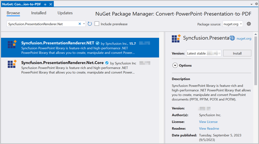 Install Syncfusion.PresentationRenderer.NET NuGet package