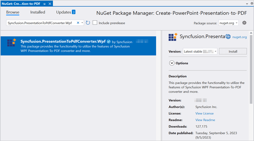 Install Syncfusion.PresentationToPdfConverter.Wpf Nuget Package