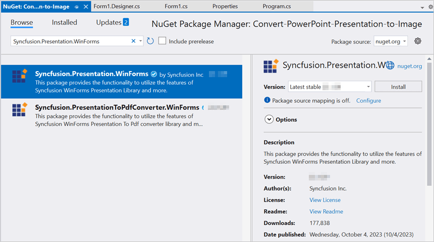 Install Syncfusion.Presentation.WinForms Nuget Package