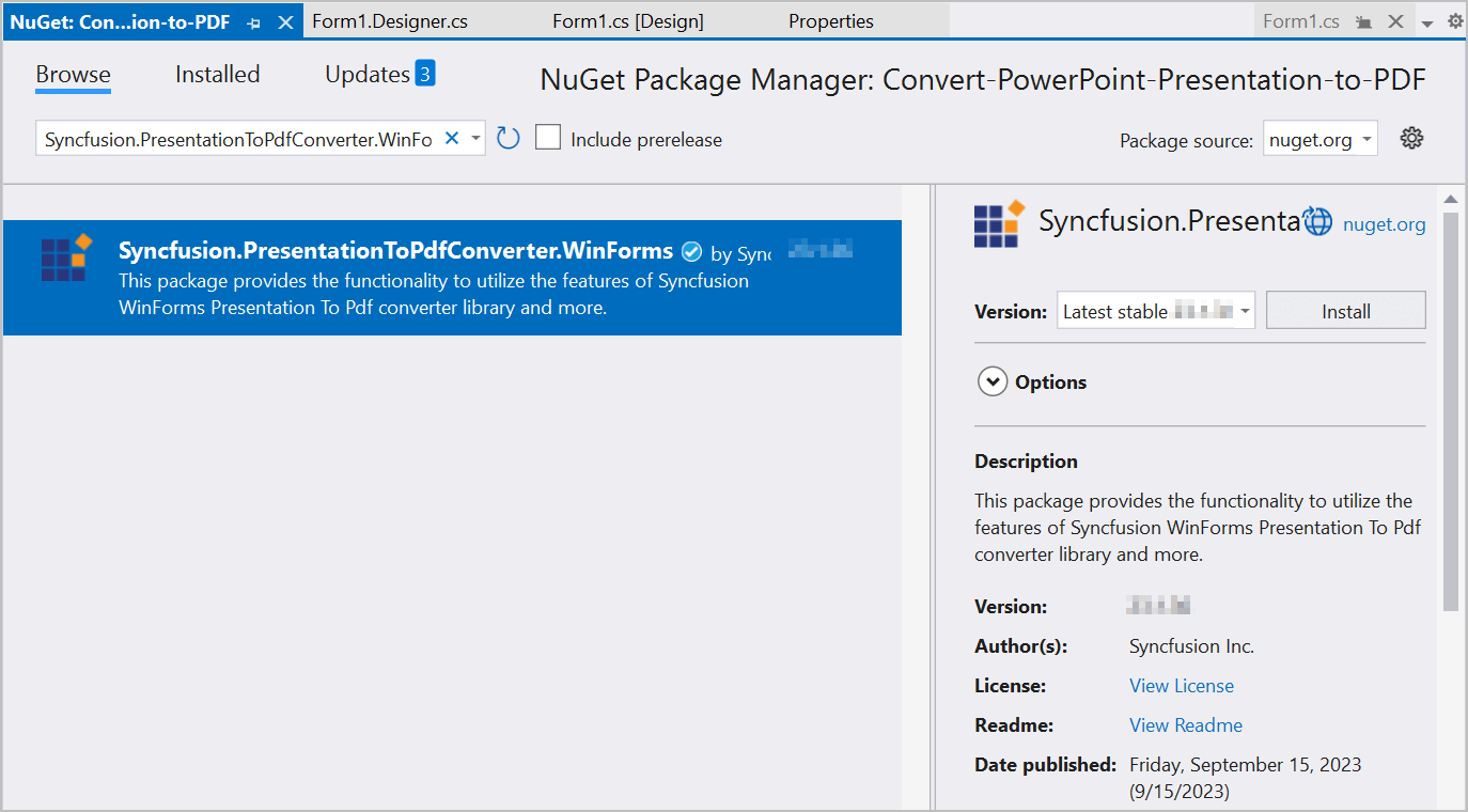 Install Syncfusion.PresentationToPdfConverter.WinForms Nuget Package