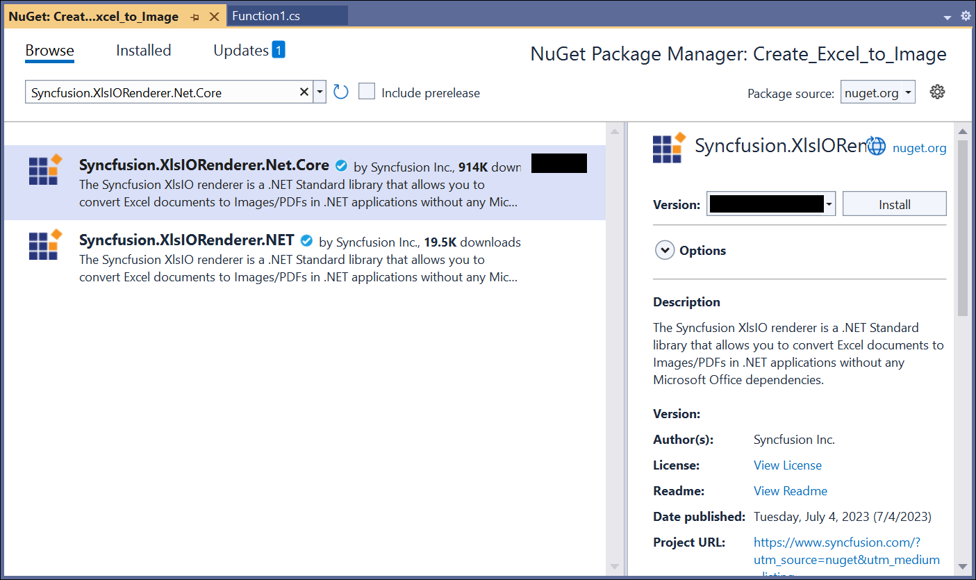 Install Syncfusion.XlsIORenderer.Net.Core NuGet package