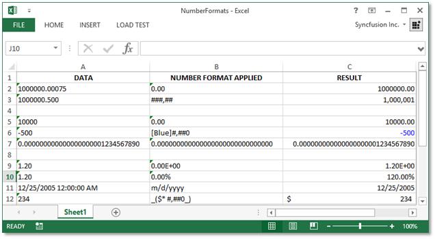 Excel document with number formats