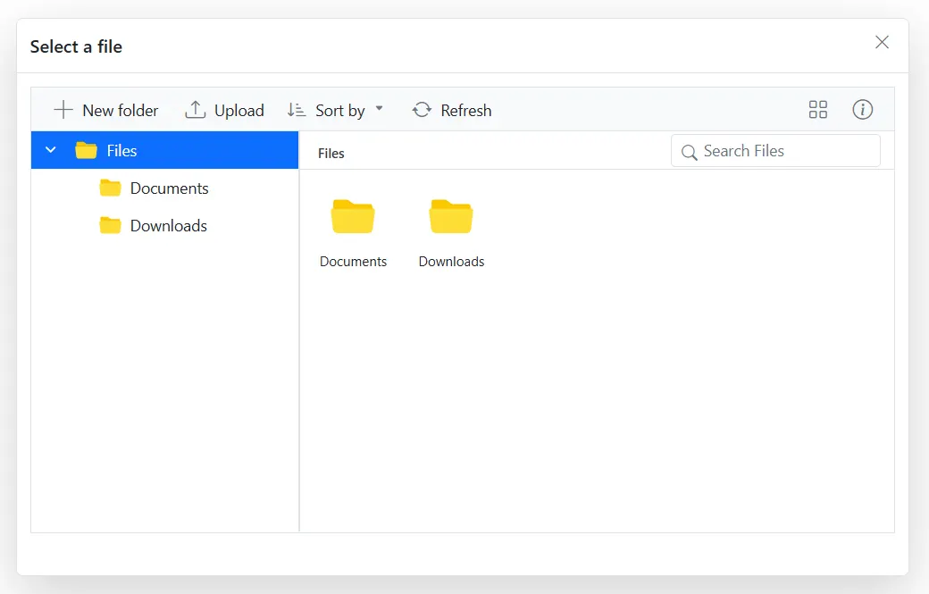 Blazor File Manager displayed inside a dialog