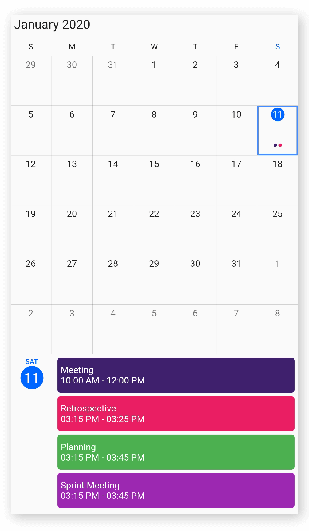 Month view in Flutter Event Calendar widget Syncfusion