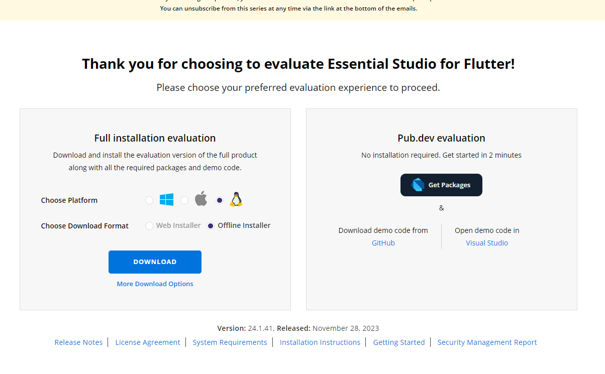 Trial and downloads of Syncfusion Flutter