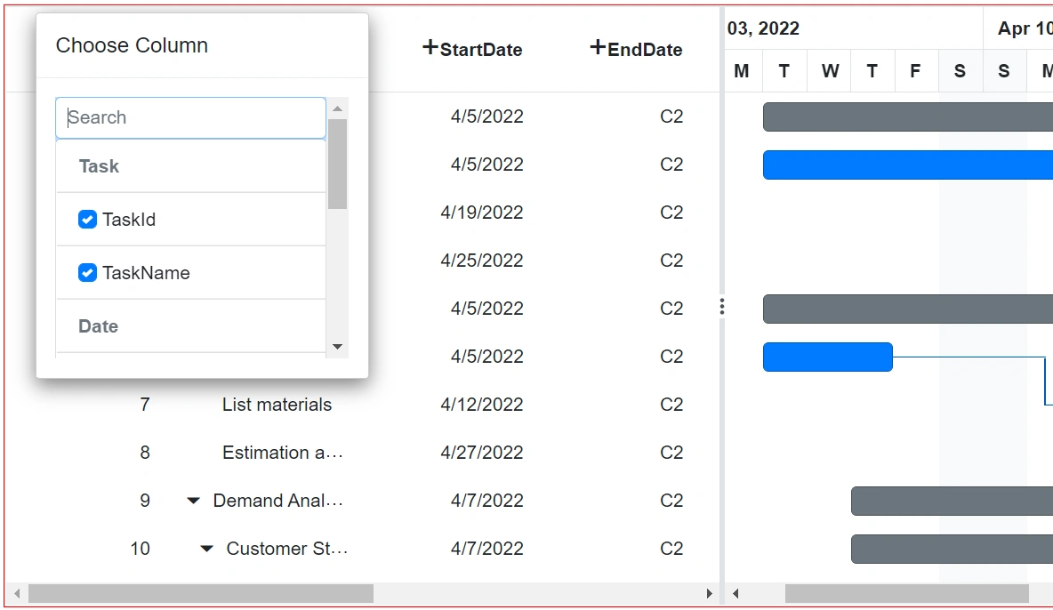 Blazor Gantt Chart with custom column chooser using ListView for grouped columns