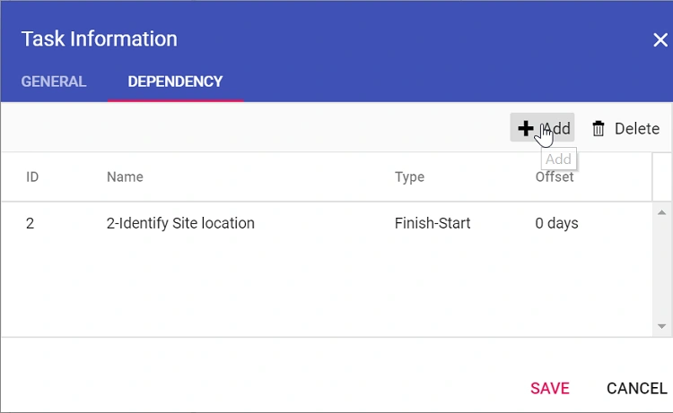 Updating task dependency in dialog Dependency tab