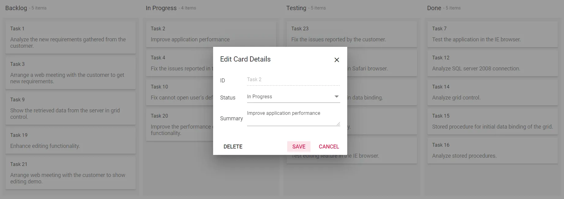 Editing a Card in Blazor Kanban