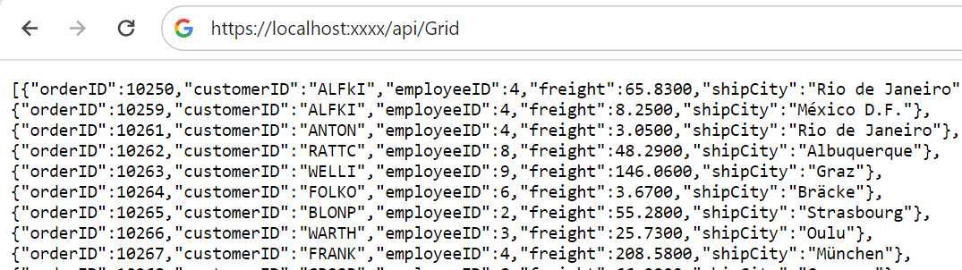 Screenshot showing the hosted API endpoint for PostgreSQL Server data returned by the controller