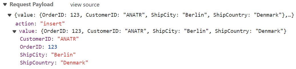 WebMethodAdaptor insert operation showing CRUD data structure