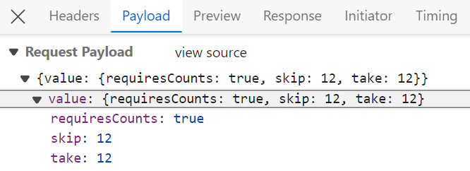 WebMethodAdaptor paging operation showing skip and take parameters