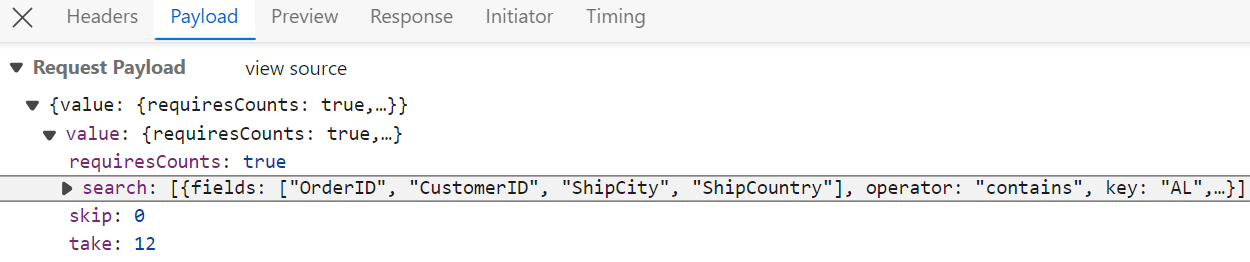 WebMethodAdaptor search operation showing value object with search parameters