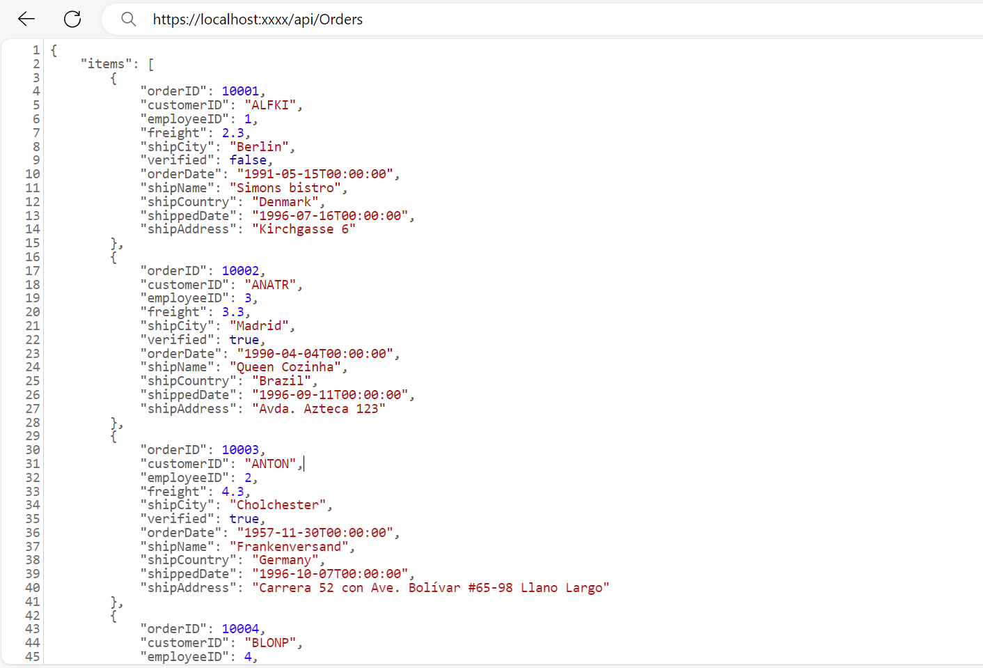 WebApiAdaptor-data response showing JSON format with Items and Count properties