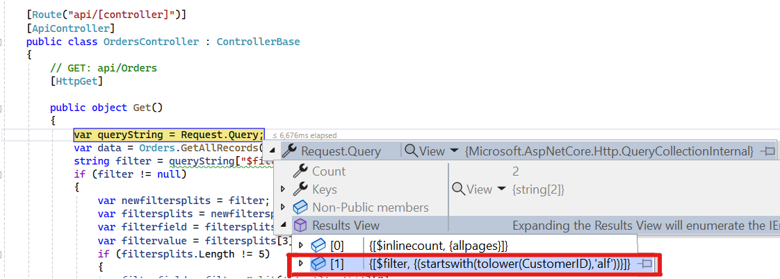 Filter query format in WebApiAdaptor showing OData filtering structure
