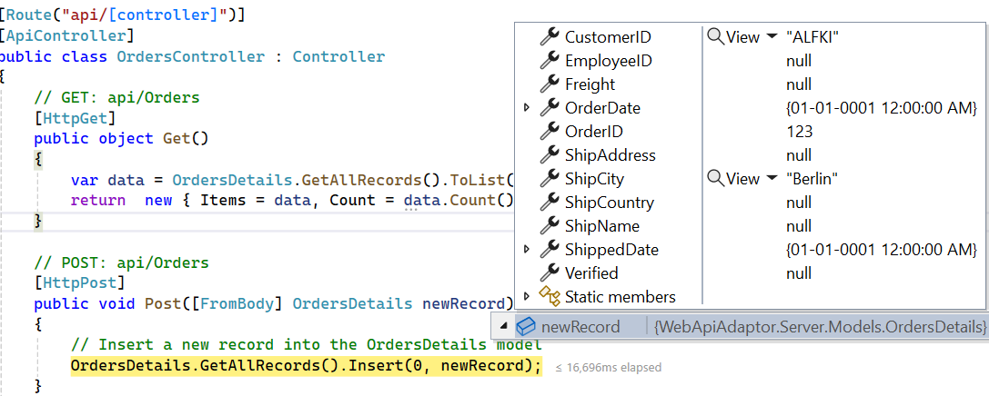 WebApiAdaptor insert operation showing HTTP POST request